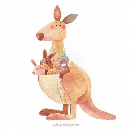 【原创拼贴插画】小眼睛动物园—袋鼠_插画_动物园_水彩_唇膏笔_素描