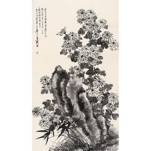 王泽宇《墨菊图》写意手绘菊花石头竖幅国画 书房茶室客厅会所