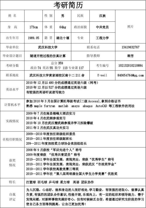 无忧文档 所有分类 高等教育 研究生入学考试 考研个人简历 给导师看