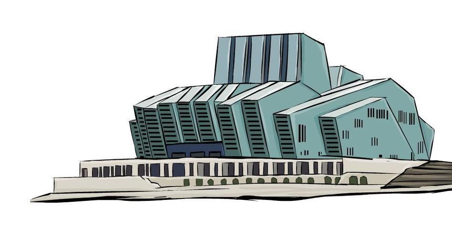 手绘重庆景点大剧院外景绘制作品