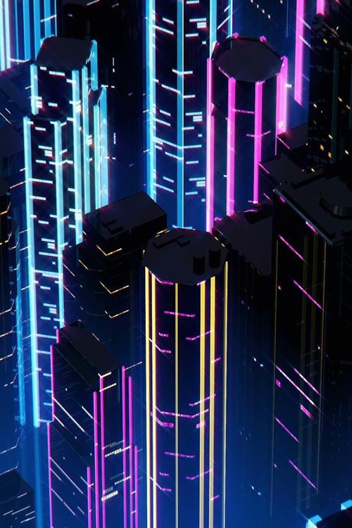 城市,摩天大楼,夜晚,霓虹灯,艺术图片 iphone 壁纸