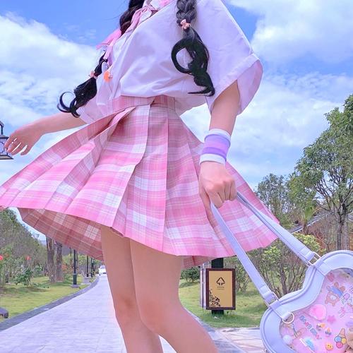 制服树莓红茶正统中牌jk百褶裙格纹领结高腰半身裙