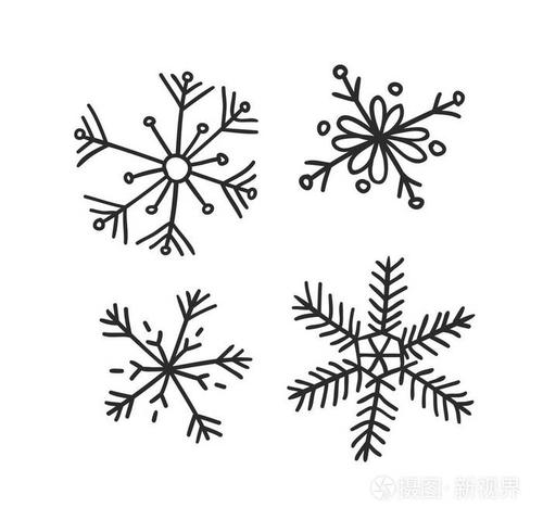 手绘一套老式雪花.黑色在白色背景.抽象涂鸦画雪.向量