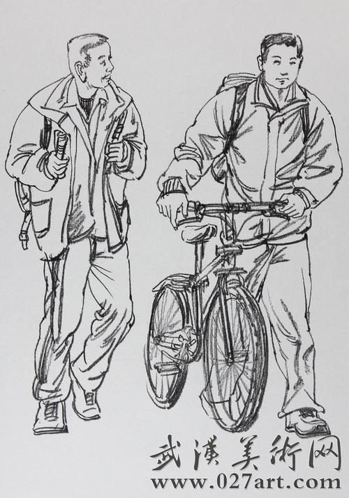 人物速写-推自行车的高中生-人物速写作品-推自行车的