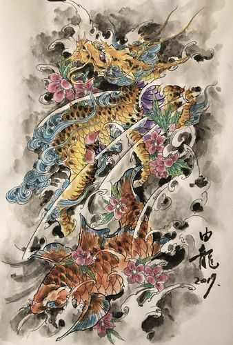 麒麟鲤鱼花臂纹身设计流程_图案