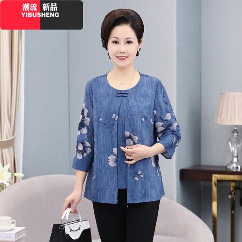 yibusheng妈妈春装套装中年雪纺小衫中老年女夏装t恤奶奶装夏季老年人