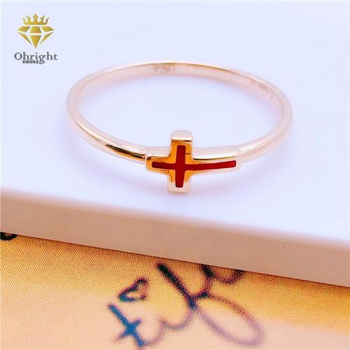 新款俄罗斯585紫金戒指14k金女款欧洲玫瑰金时尚红十字架戒指素潮