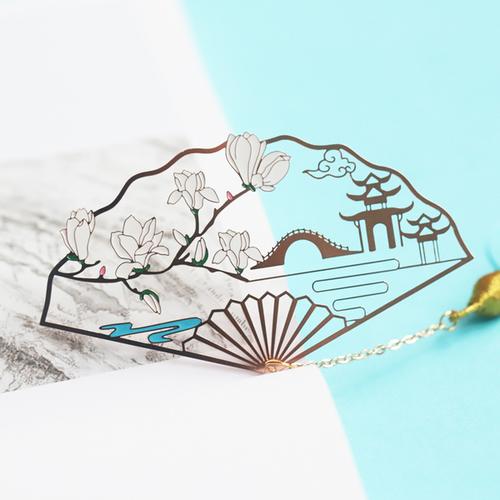 购客折扇玉兰花书签镀金古典中国风黄铜流苏书签小清新文创礼品企业