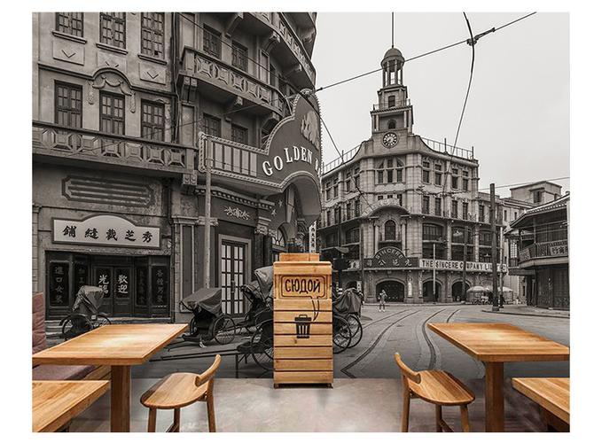 3d立体复古怀旧风老上海民国建筑背景墙纸奶茶店餐厅酒吧装饰壁纸