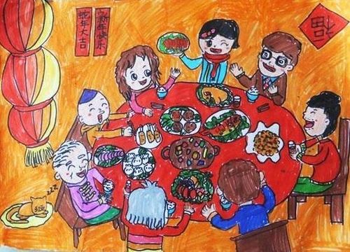 这是在家里画的过年的情景,一家人其乐融融.