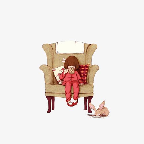 手绘坐沙发的小女孩