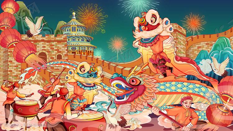 新年春节元宵喜庆舞狮海报插画图片-千库网