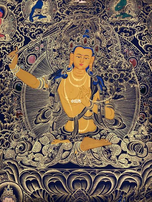 精品黑金唐卡《文殊菩萨》尺寸45x60cm,布面手_手绘_唐卡_文化_绘画