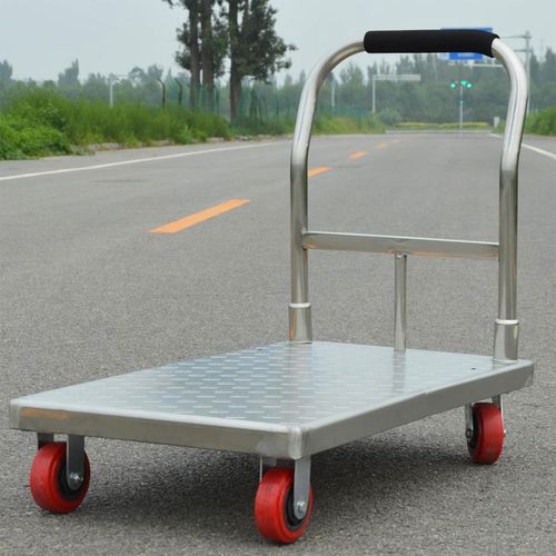 不锈钢平板车推货车车间四轮拉货车静音手推车超市拖车库房搬运车