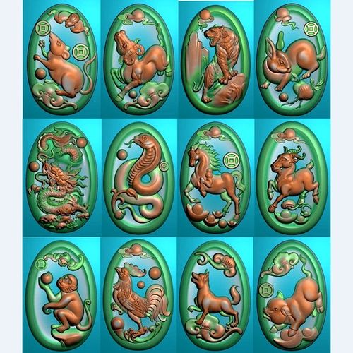 精雕图浮雕图玉雕图bmp十二生肖椭圆全套猪嘛虎鼠挂件灰度马