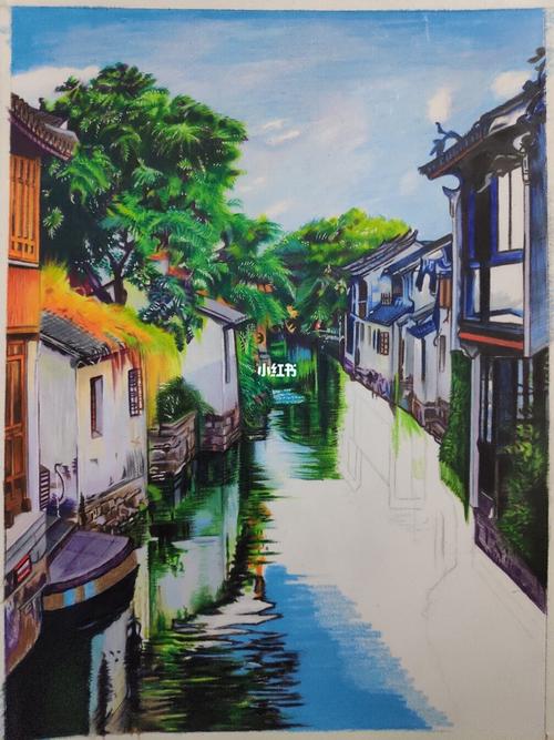 98彩铅画 i 向往的江南水乡古镇 i 过程图_古镇_彩铅画_水彩画_绘画