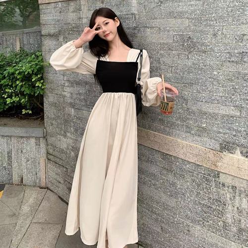 2021年最流行的裙子,长袖连衣裙女新款2021 超仙显瘦过膝连衣裙2021年秋冬新款假两件方领收腰显瘦遮肉纯色裙