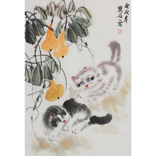 璞石 手绘真迹花鸟字画 过道书画 走廊装饰国画 玄关挂画 招财猫