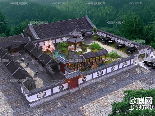 中式古建四合院景观鸟瞰3d模型