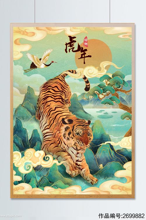 虎年新年中国风霸气老虎山水祥云插画