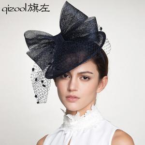 旗左羽毛麻纱礼帽 新娘头饰网纱蝴蝶结小礼帽子摄影新款礼帽女士