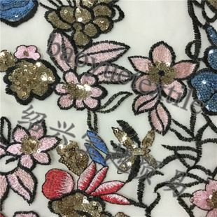多色刺绣 镂空网布绣花 网面亮片绣花 婚纱礼服连衣裙面料