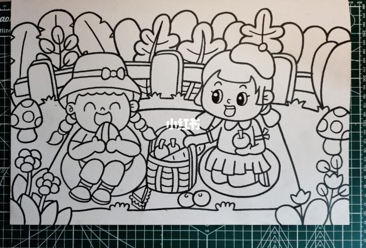 马克笔儿童画春日野餐附线稿