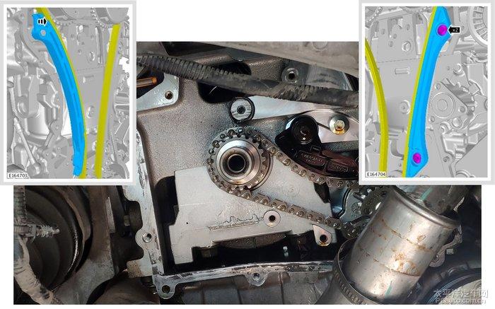 拆除右侧正时链条导轨,(检查发现此时链条导轨已经开裂,)