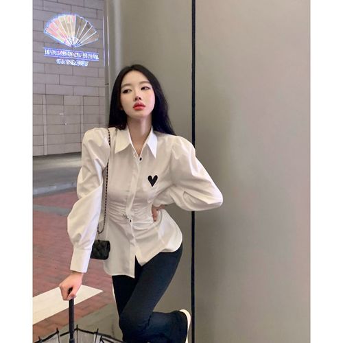 收腰衬衫女秋冬内搭爱心长袖设计感小众中长款气质白色别致上衣潮【11