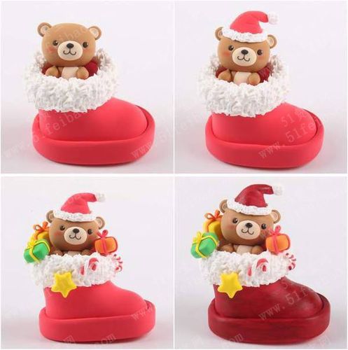 儿童粘土作品diy泥偶圣诞袜小熊