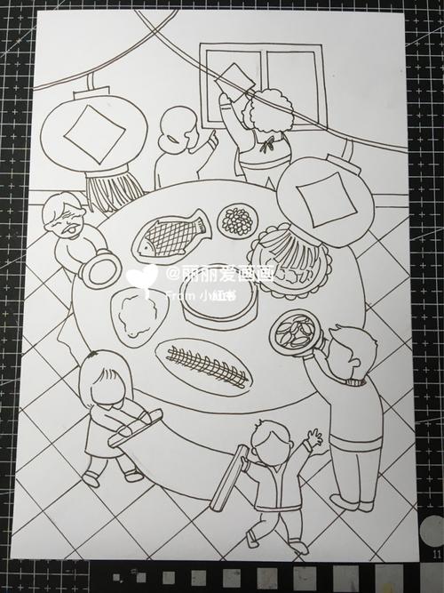 【年夜饭】|马克笔儿童画|附线稿|附过程_马克笔_儿童
