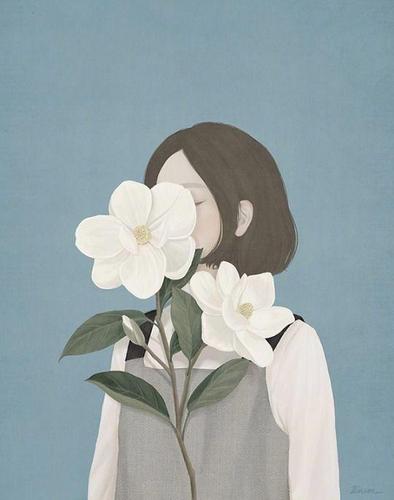 唯美插画手绘女孩子图片花遮住脸,鼓励自己的句子