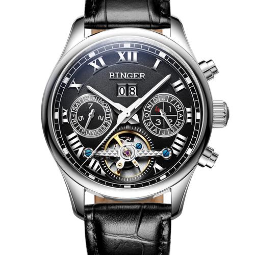 宾格binger自动机械表男士手表罗马刻度深度防水简约时尚休闲腕表名仕