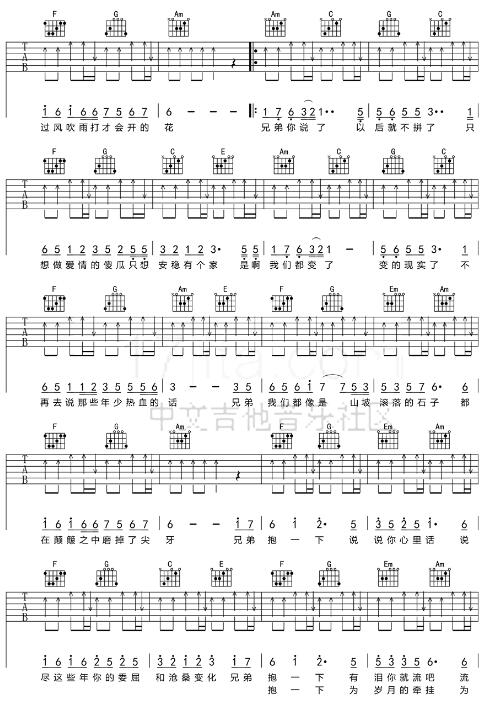 兄弟抱一下吉他谱c调简单版吉他弹唱的六线谱