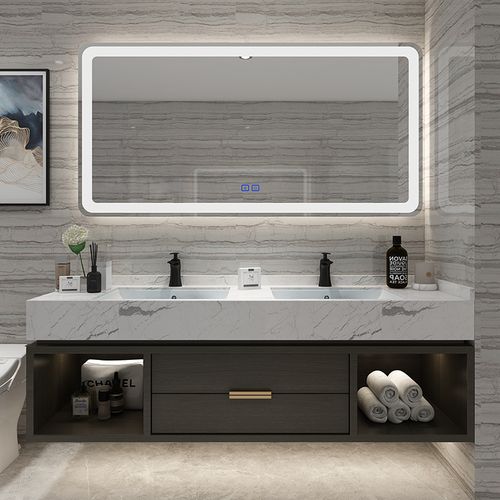 现代简约浴室柜组合双盆卫生间大理石洗手洗脸盆柜实木卫浴洗漱台视频