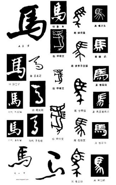马字的来历: 象形字.早期金文字形,象马眼,马鬃,马尾之形.