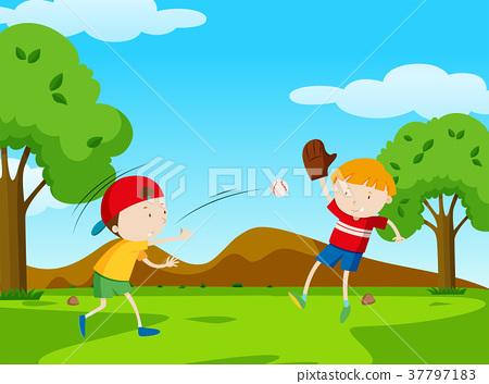 插图素材: two boys playing baseball in park