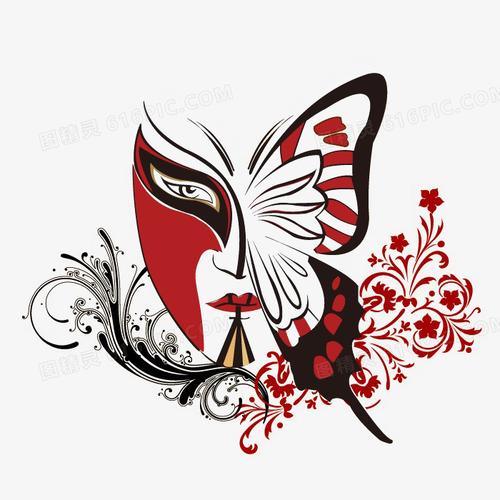 手绘中国风京剧脸谱蝴蝶花纹