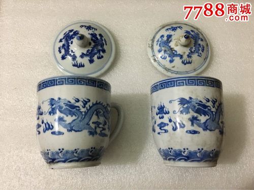 二龙戏珠/青花老瓷杯两个