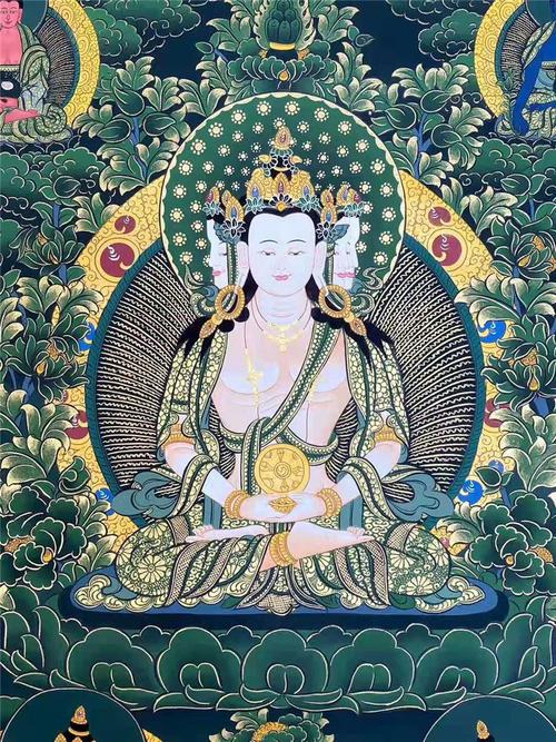 尼泊尔精品绿唐大日如来唐卡西藏手绘现代装饰画