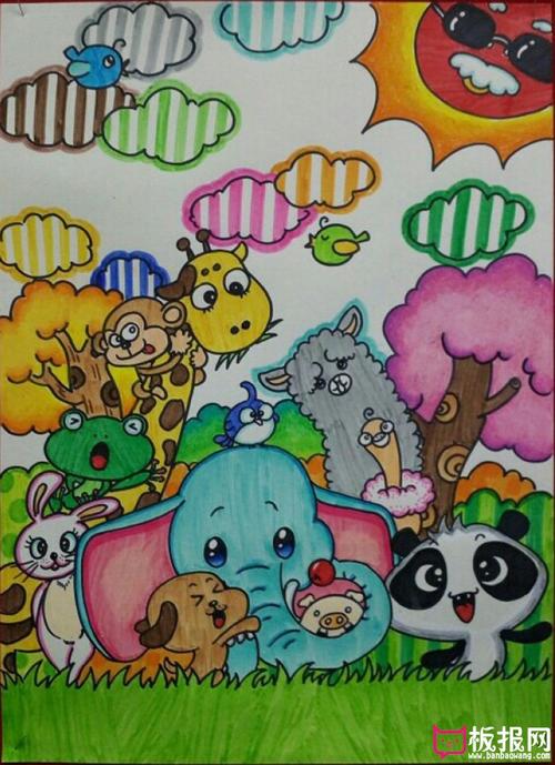 松林中的小动物们儿童画图片