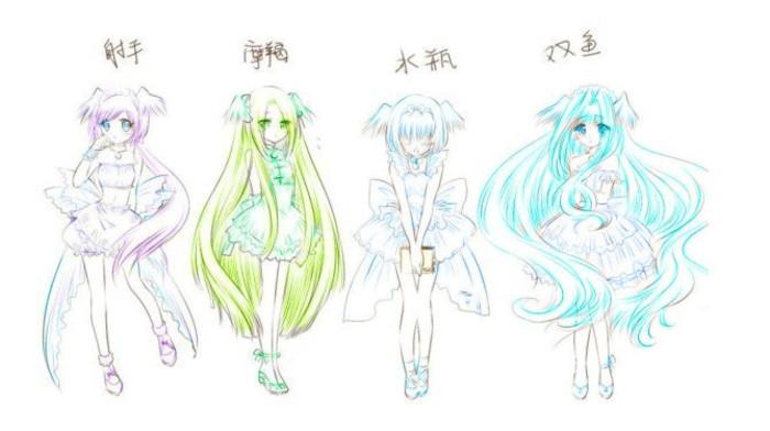 十二星座手绘动漫少女图带颜色