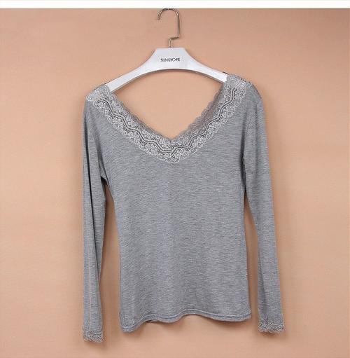 莫代尔蕾丝花边v领秋衣女薄款秋冬鸡心领保暖内衣长袖基础打底衫