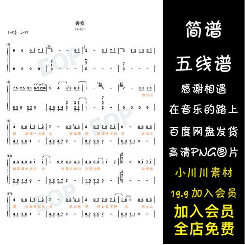 抖音热门歌曲简谱2020,2021流行歌曲简谱100首 善变-简谱五线谱钢琴谱曲谱png素材-抖音热歌