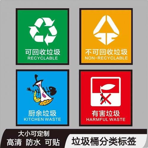 垃圾桶不可回收标示贴有害厨余干湿标签标志标贴环保固体废物电池回收