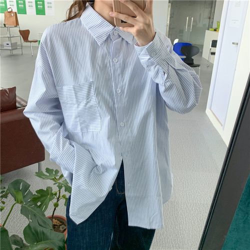 条纹衬衫女外穿复古港味外套2020新款春秋季设计感百搭长袖上衣服