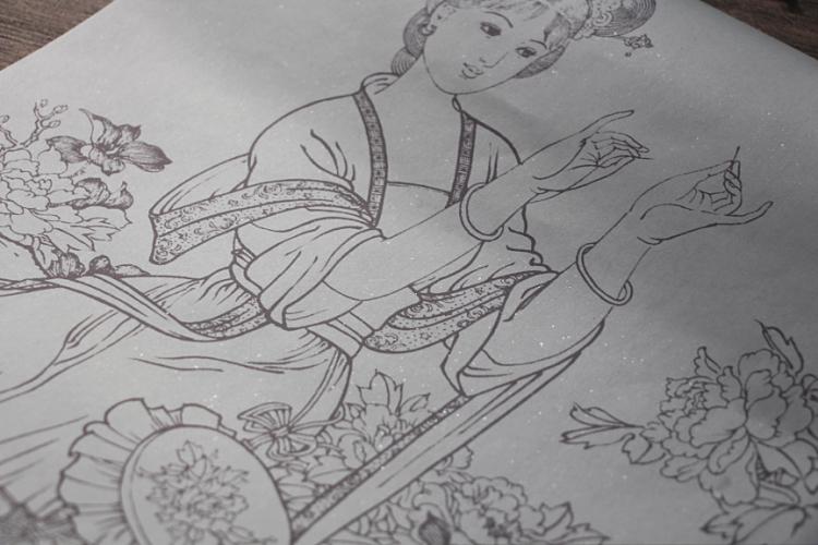 新品国画勾线描红填色复古洒金5幅宣纸填色减压国画字帖工笔加厚_描红