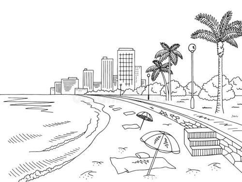 黑白线条城市简笔画