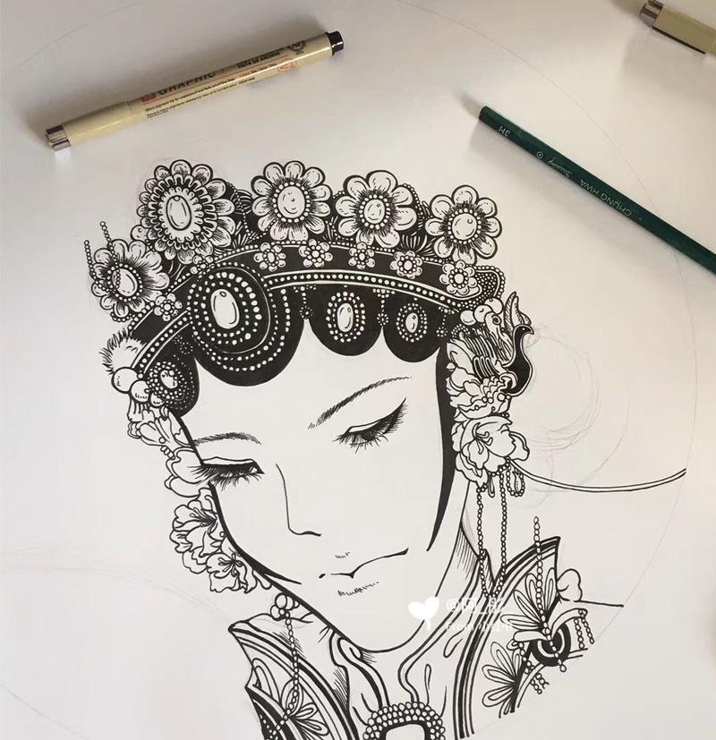 京剧花旦91(针管笔手绘黑白装饰画)