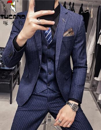 啄木鸟英伦风休闲西装男套装修身韩版痞帅条纹西服外套男士新郎结婚